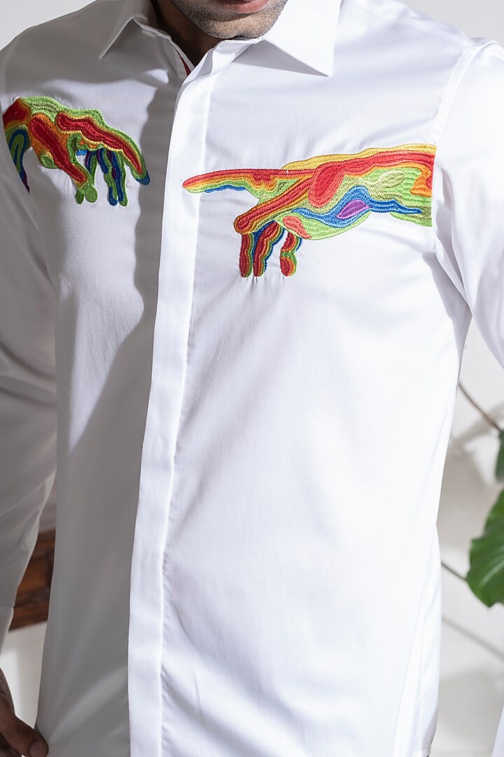 White Cotton Embroidered Party Wear Shirt by Abkasa at Pernia's Pop Up Shop