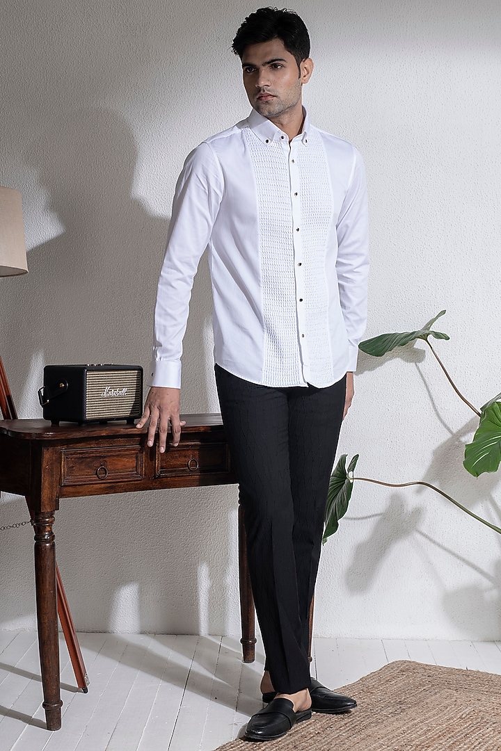 White Cotton Pintuck Party Wear Shirt by Abkasa at Pernia's Pop Up Shop