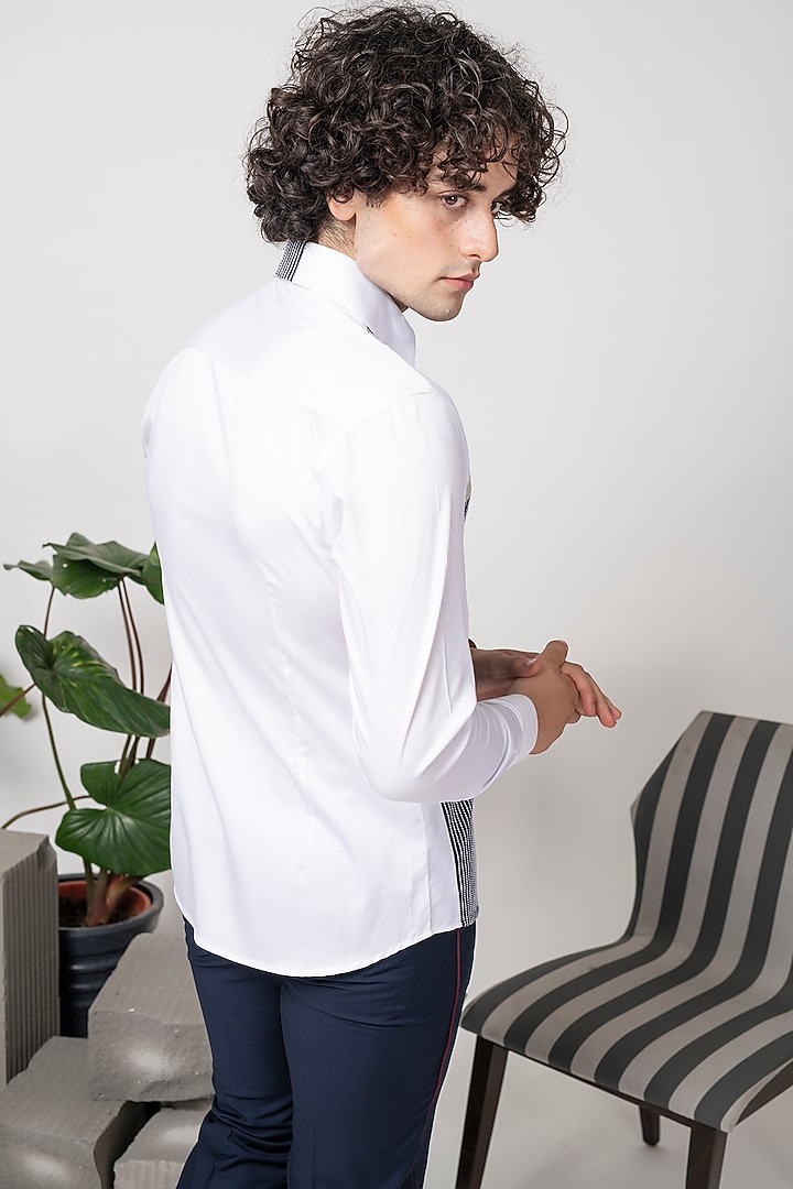 White & Navy Blue Color-Blocked Party Wear Shirt by Abkasa at Pernia's Pop Up Shop