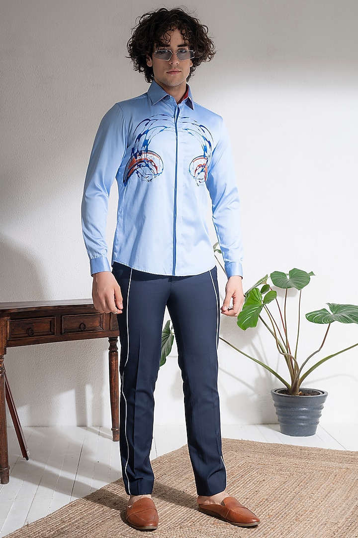Blue Cotton Embroidery Shirt by Abkasa