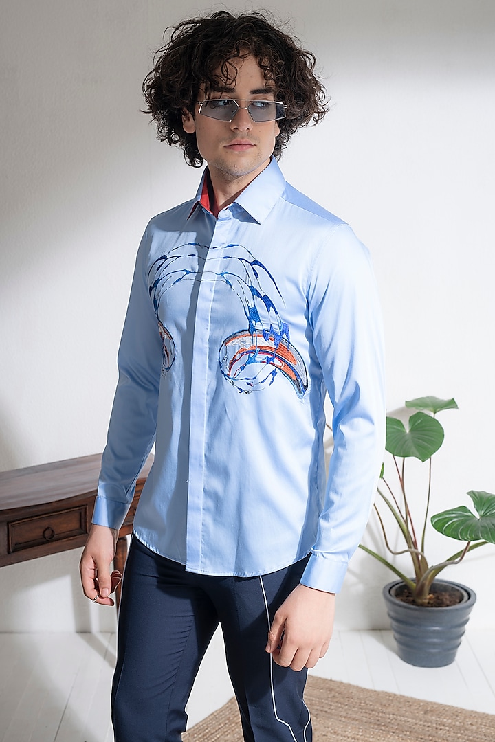 Blue Cotton Embroidery Shirt by Abkasa