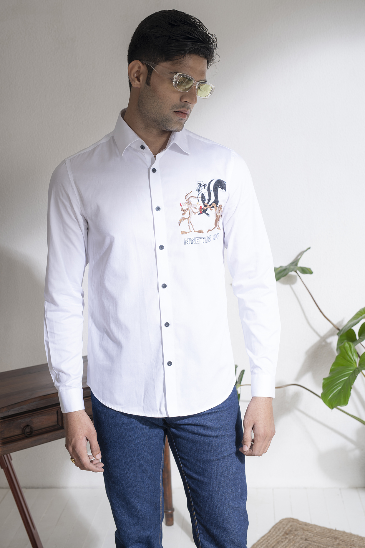 White Cotton Shirt With Looney Toons Embroidery by Abkasa