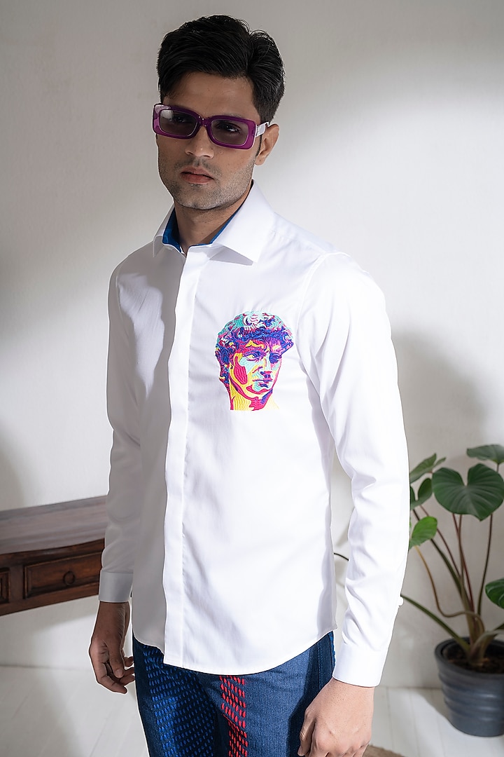 White Cotton Embroidered Shirt by Abkasa