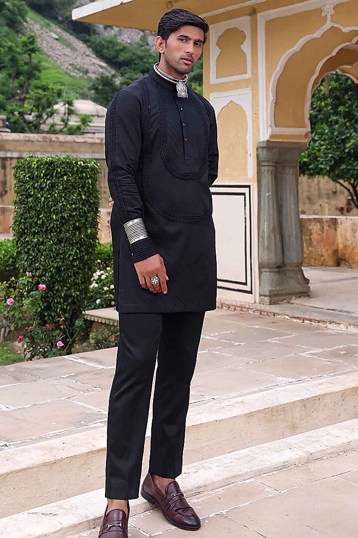 Black Silk Kurta Set by Abkasa at Pernia's Pop Up Shop
