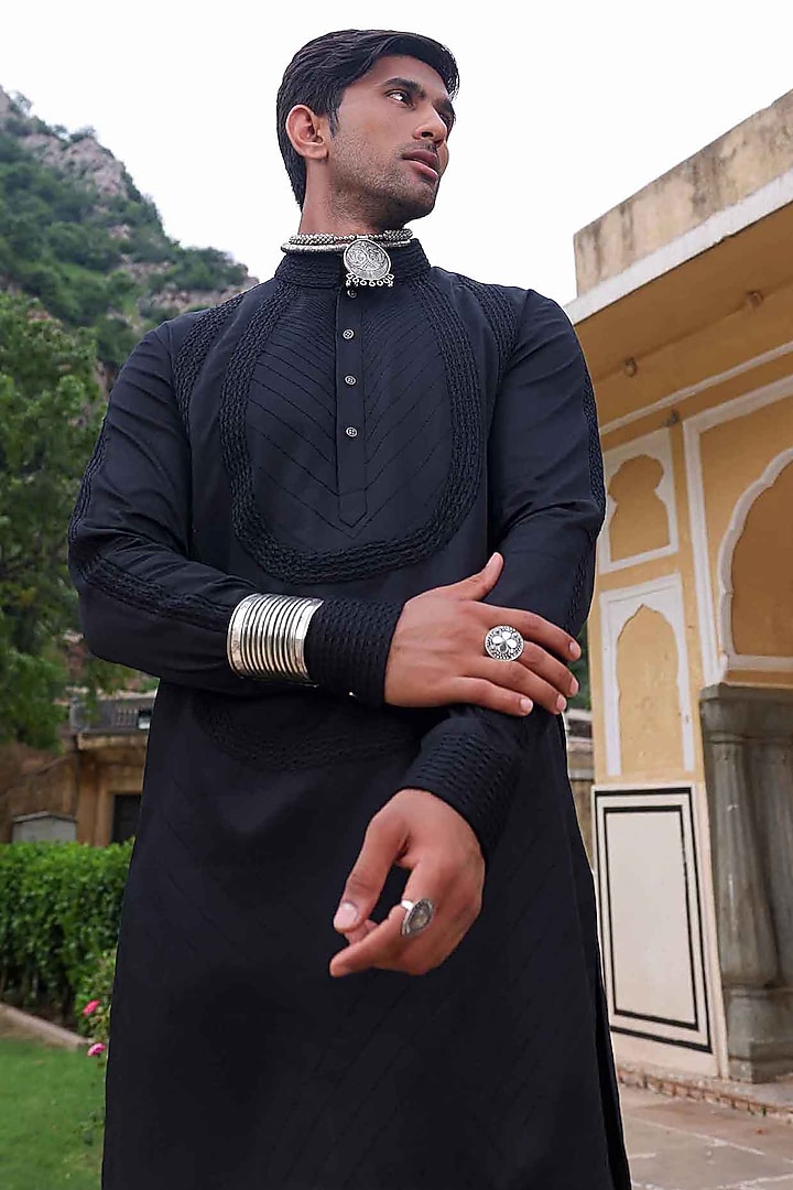 Black Silk Kurta Set by Abkasa at Pernia's Pop Up Shop