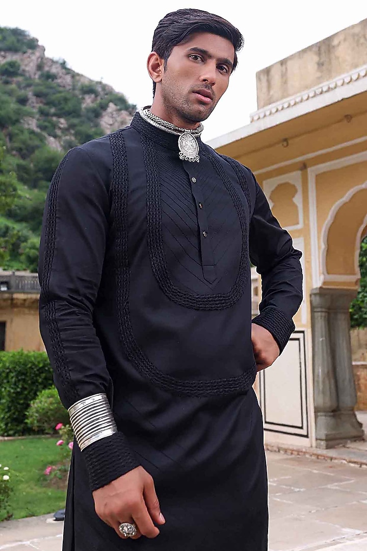 Black Silk Kurta Set by Abkasa at Pernia's Pop Up Shop