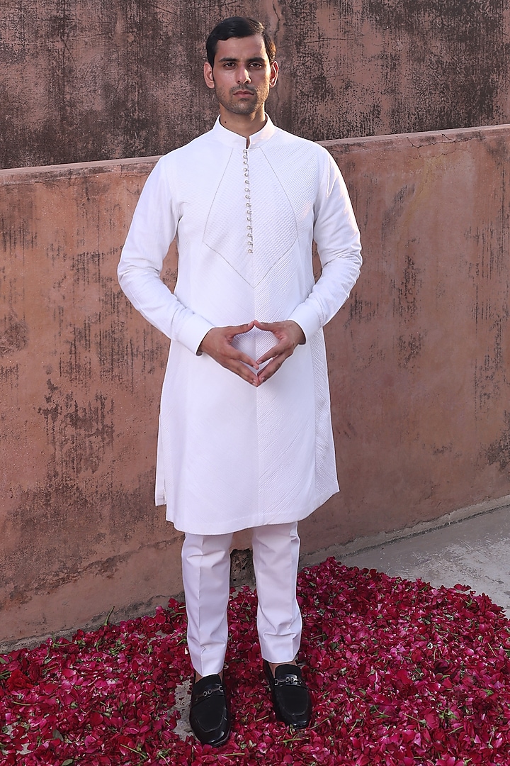 White Katan Silk Kurta Set by Abkasa at Pernia's Pop Up Shop