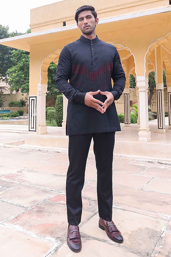 Black Silk Kurta Set by Abkasa at Pernia's Pop Up Shop