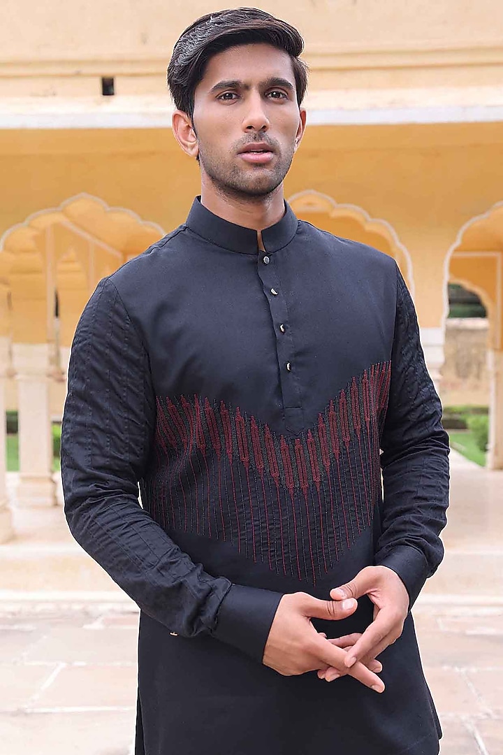 Black Silk Kurta Set by Abkasa at Pernia's Pop Up Shop