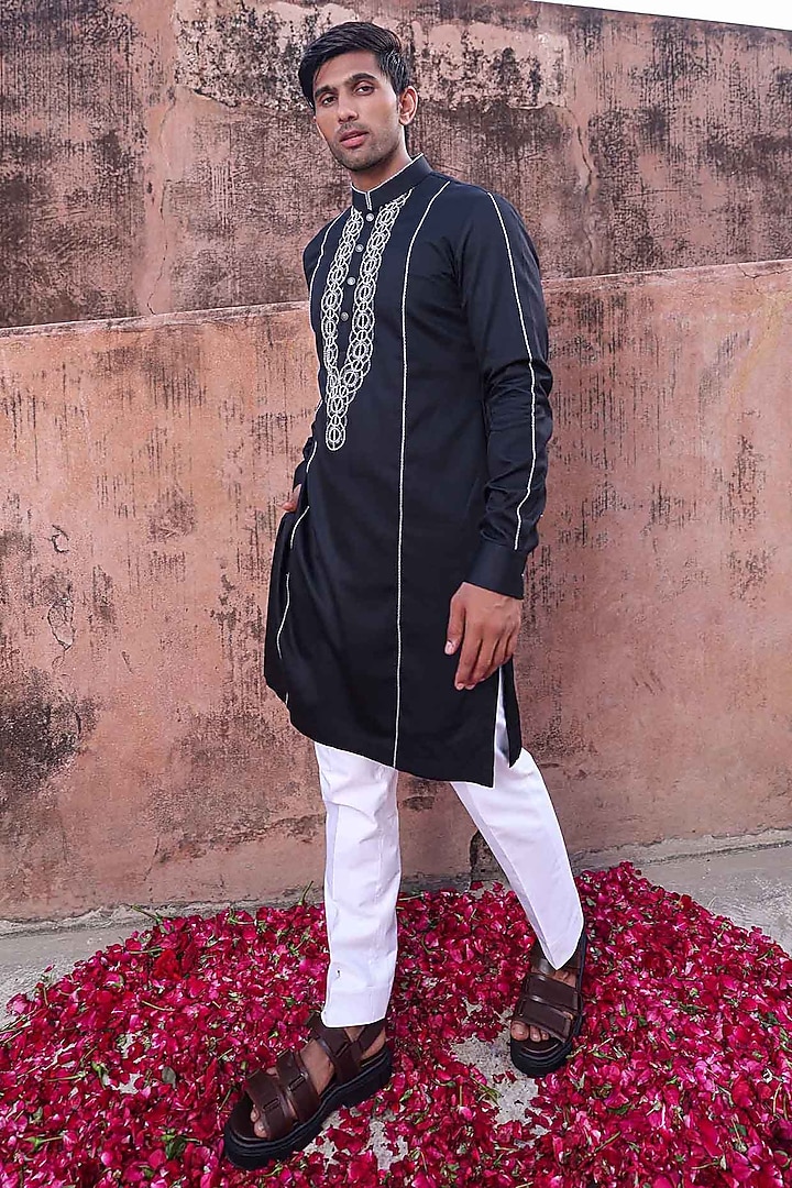 Black Silk Kurta Set by Abkasa at Pernia's Pop Up Shop