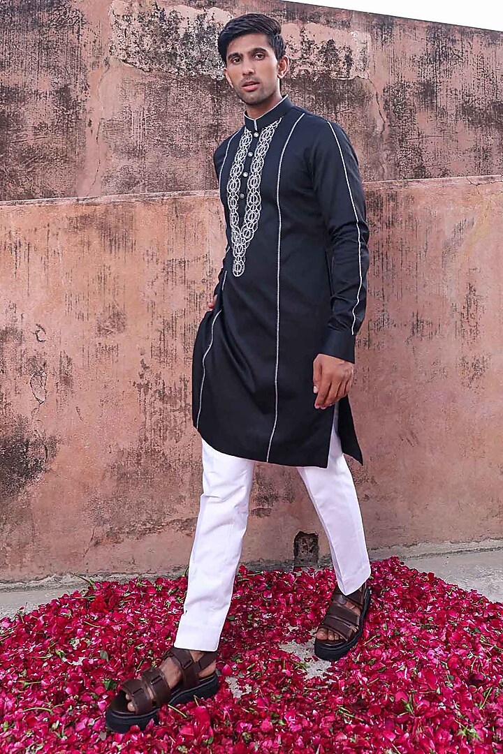 Black Silk Kurta Set by Abkasa at Pernia's Pop Up Shop