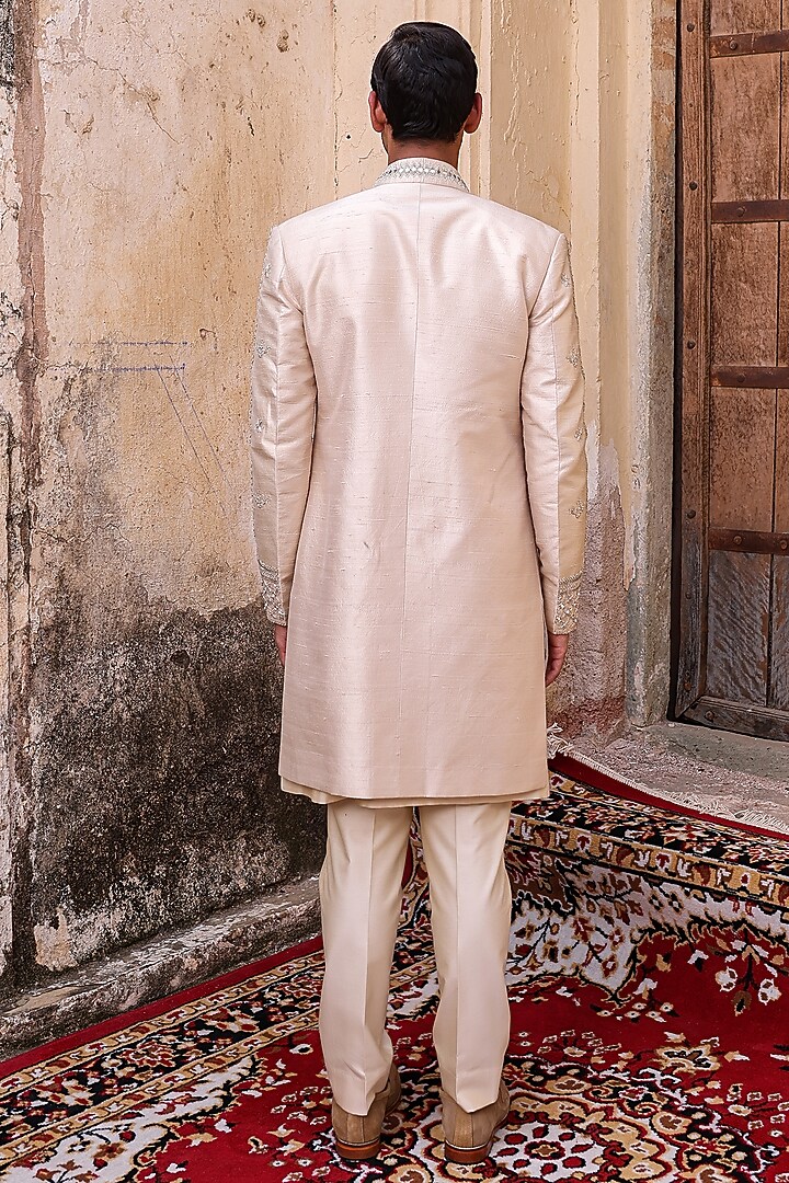 Beige Pure Silk & Katan Silk Groom Indowestern Set by Abkasa at Pernia's Pop Up Shop