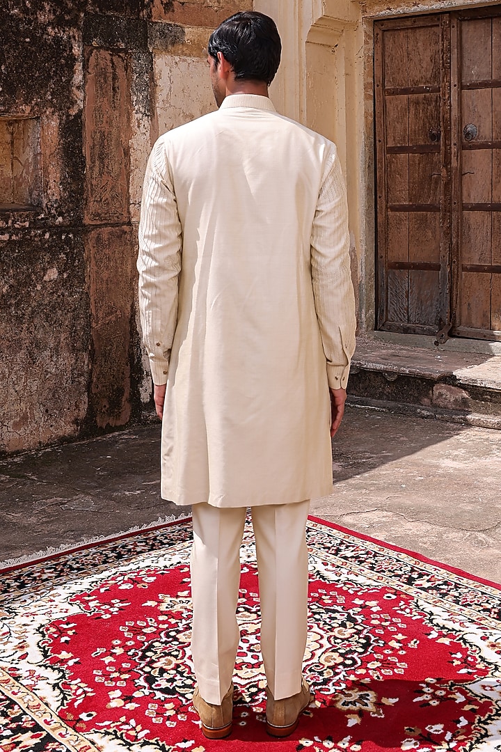 Beige Pure Silk & Katan Silk Groom Indowestern Set by Abkasa at Pernia's Pop Up Shop