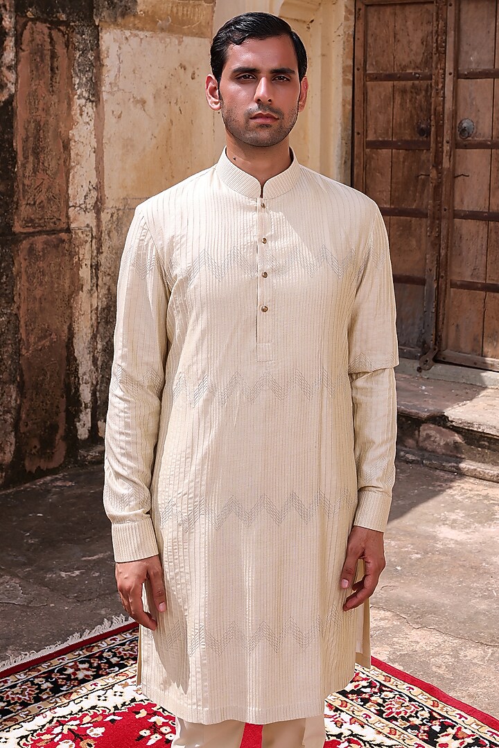 Beige Pure Silk & Katan Silk Groom Indowestern Set by Abkasa at Pernia's Pop Up Shop