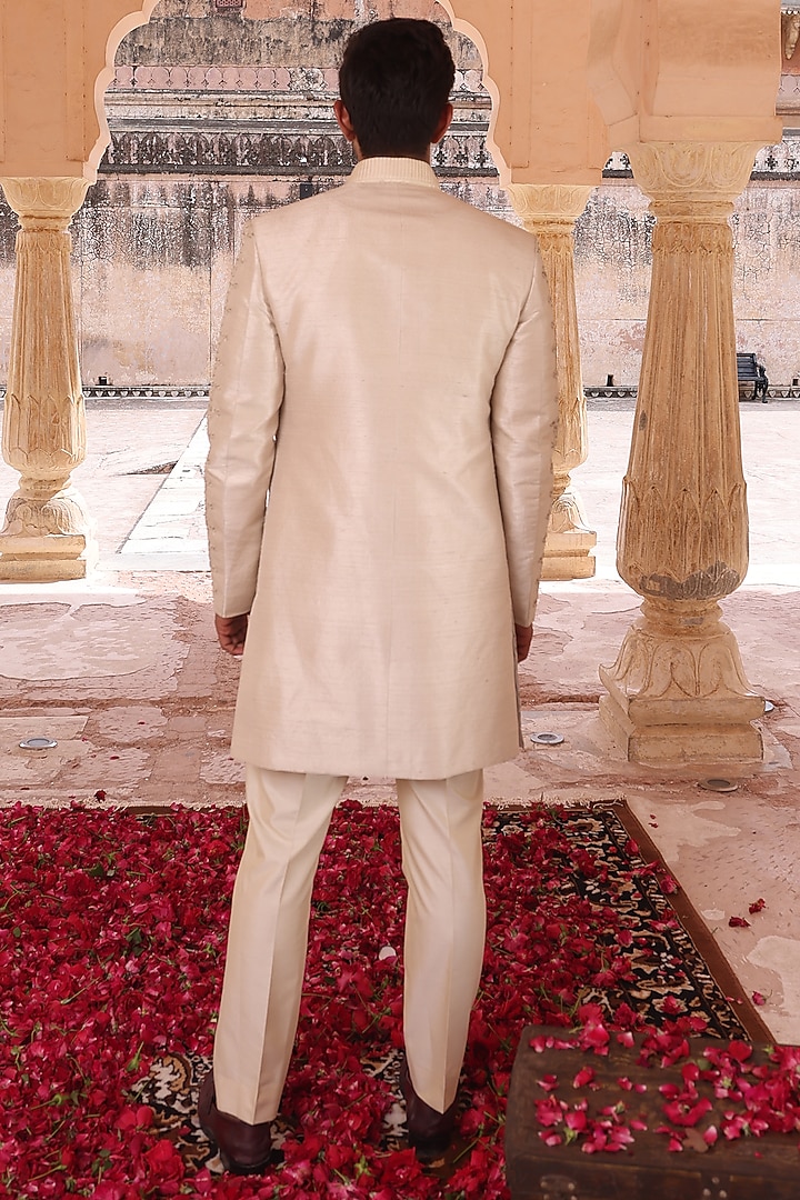 Beige Pure Silk & Katan Silk Woven Groom Indowestern Set by Abkasa at Pernia's Pop Up Shop