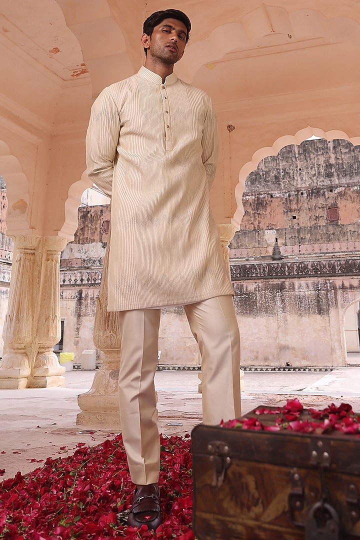 Beige Pure Silk & Katan Silk Woven Groom Indowestern Set by Abkasa at Pernia's Pop Up Shop