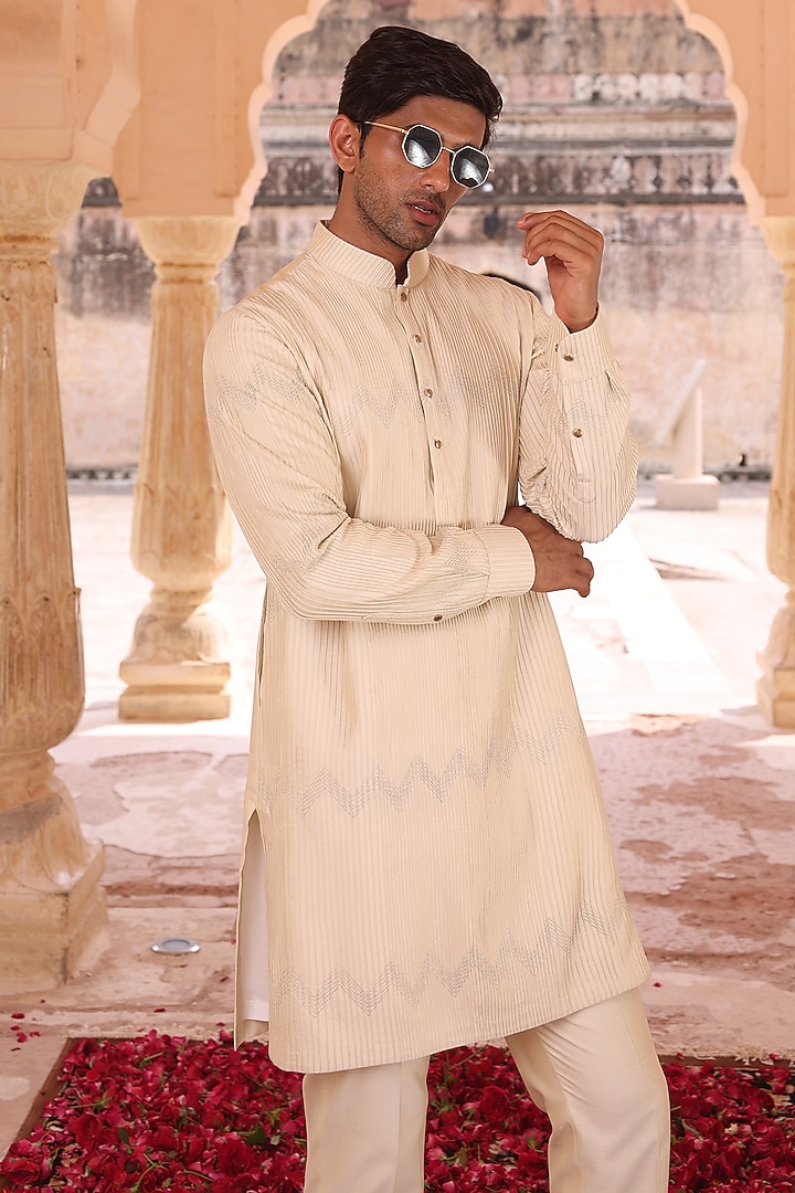Beige Pure Silk & Katan Silk Woven Groom Indowestern Set by Abkasa at Pernia's Pop Up Shop
