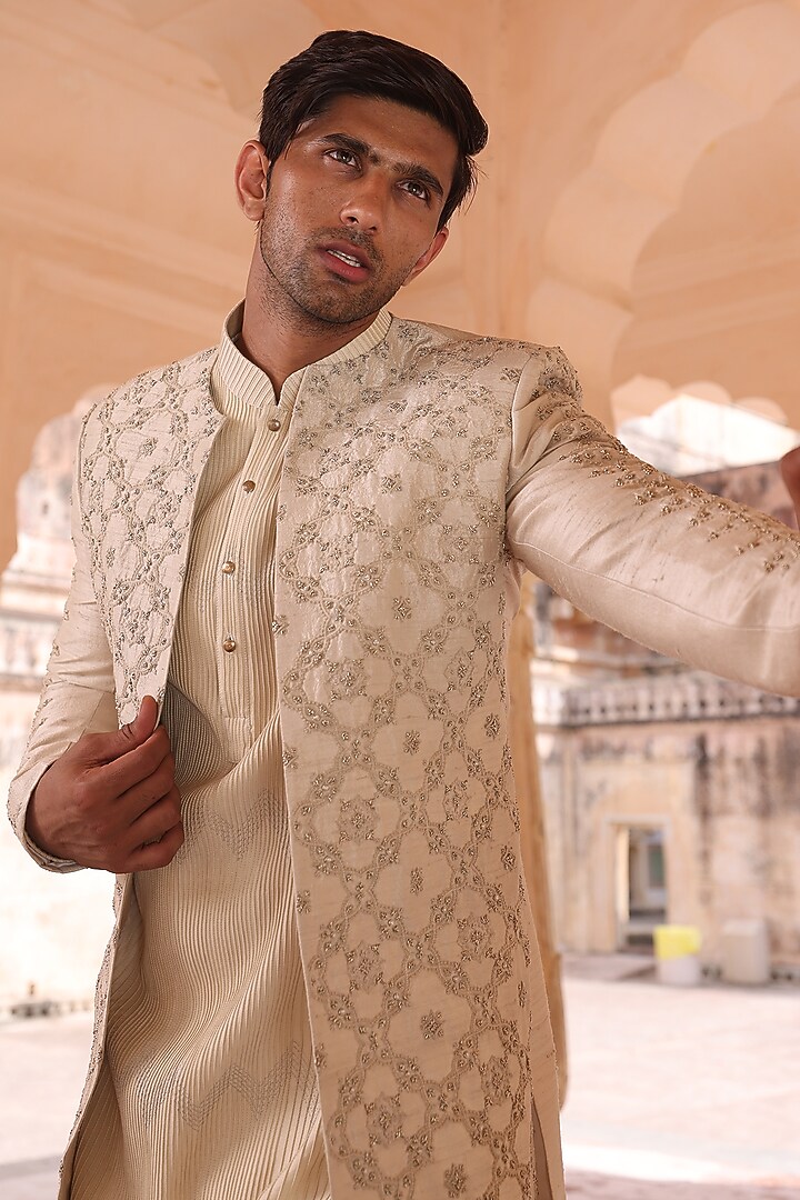 Beige Pure Silk & Katan Silk Woven Groom Indowestern Set by Abkasa at Pernia's Pop Up Shop