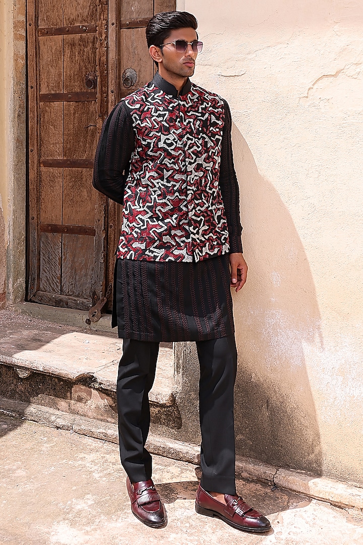 Black Pure Silk & Katan Silk Nehru Jacket Set by Abkasa at Pernia's Pop Up Shop