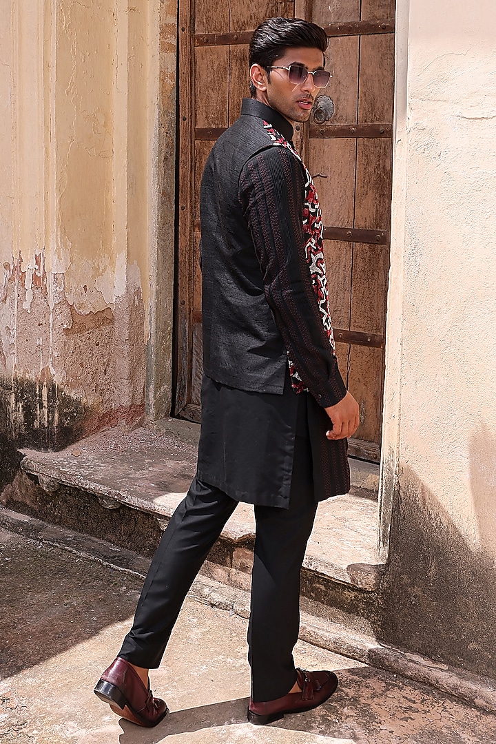Black Pure Silk & Katan Silk Nehru Jacket Set by Abkasa at Pernia's Pop Up Shop