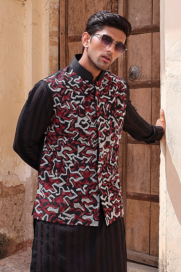 Black Pure Silk & Katan Silk Nehru Jacket Set by Abkasa at Pernia's Pop Up Shop