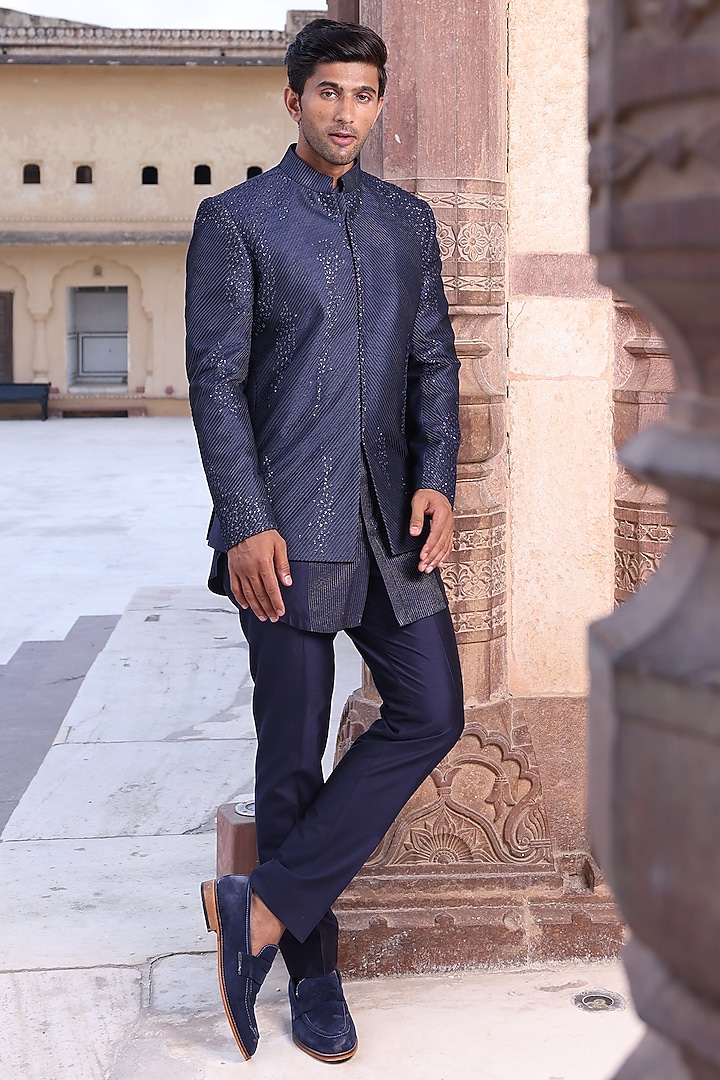 Navy Blue Dupion & Katan Silk Wedding Bandhgala Set by Abkasa at Pernia's Pop Up Shop