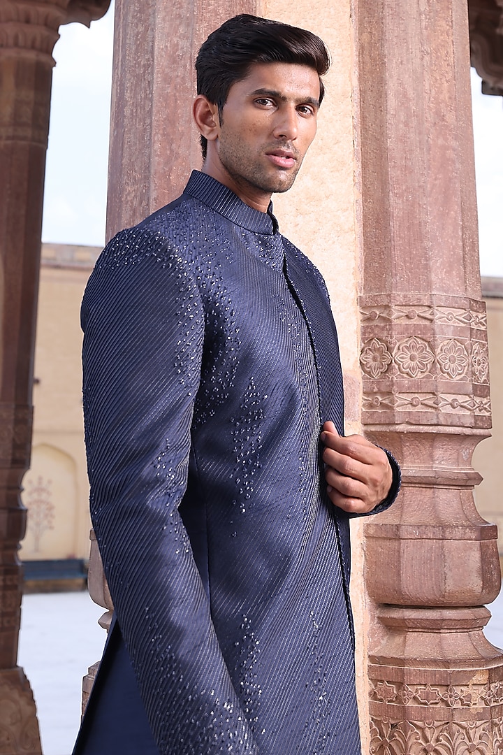 Navy Blue Dupion & Katan Silk Wedding Bandhgala Set by Abkasa at Pernia's Pop Up Shop