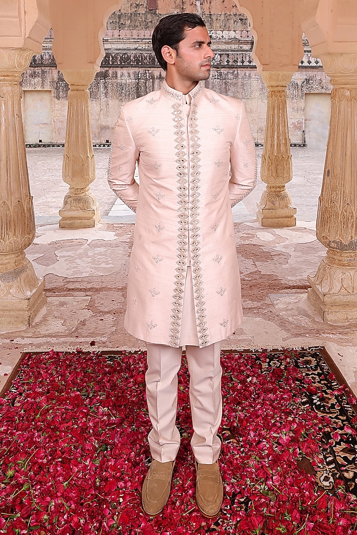 Peach Pure Silk & Katan Silk Groom Indowestern Set by Abkasa at Pernia's Pop Up Shop
