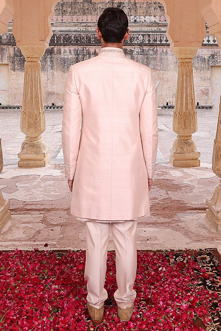 Peach Pure Silk & Katan Silk Groom Indowestern Set by Abkasa at Pernia's Pop Up Shop