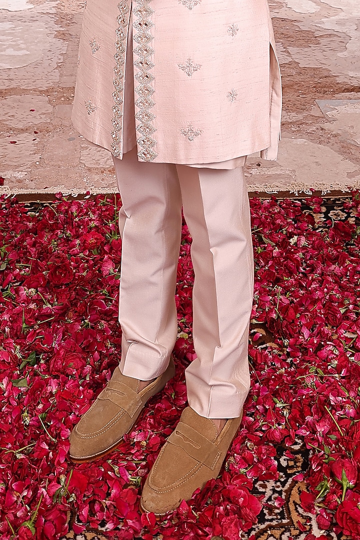 Peach Pure Silk & Katan Silk Groom Indowestern Set by Abkasa at Pernia's Pop Up Shop