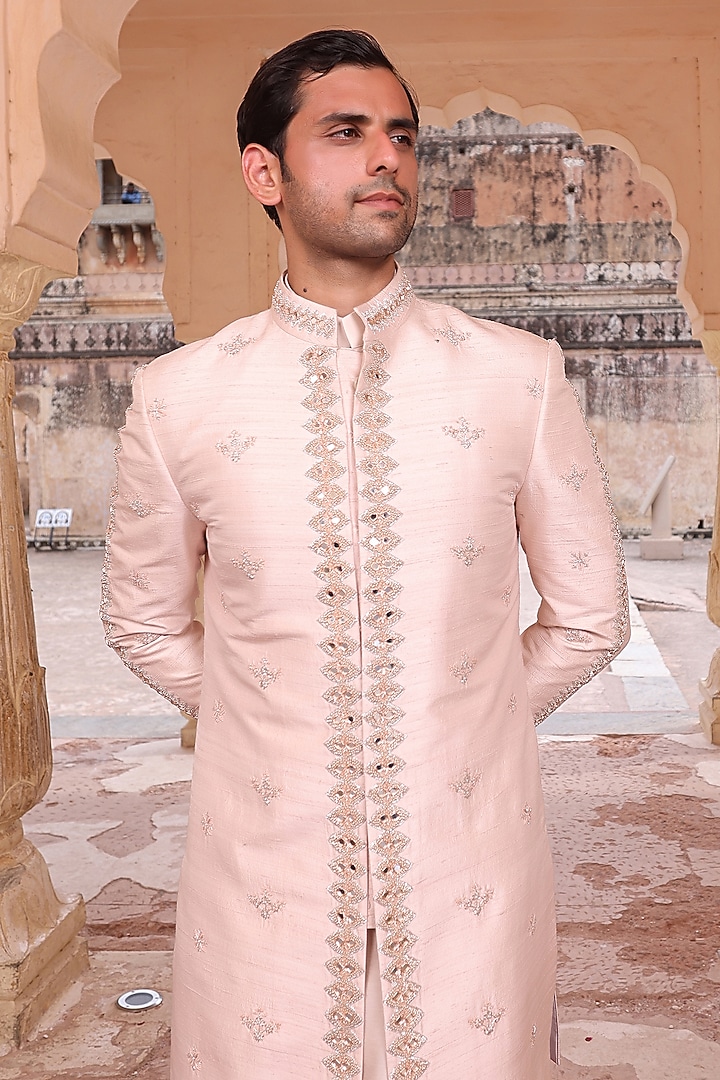 Peach Pure Silk & Katan Silk Groom Indowestern Set by Abkasa at Pernia's Pop Up Shop