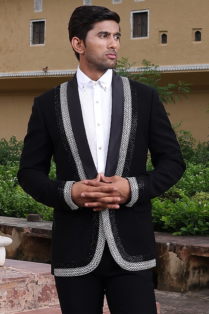 Black Japanese Fabric Blazer Set by Abkasa at Pernia's Pop Up Shop