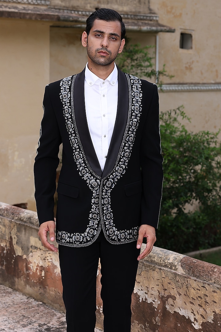 Black Japanese Fabric Blazer Set by Abkasa at Pernia's Pop Up Shop