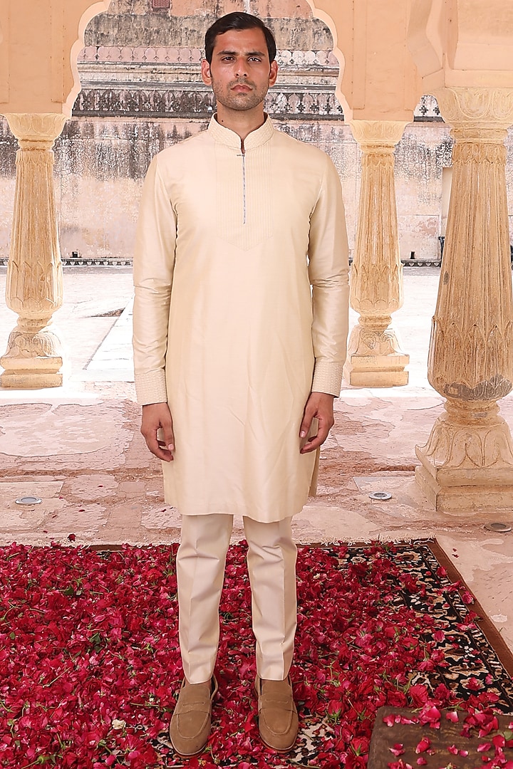 Beige Katan Silk Kurta Set by Abkasa