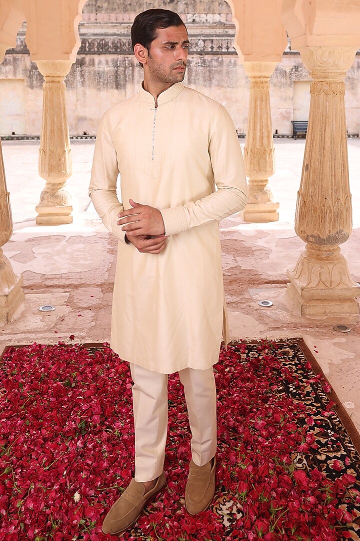 Beige Katan Silk Kurta Set by Abkasa at Pernia's Pop Up Shop