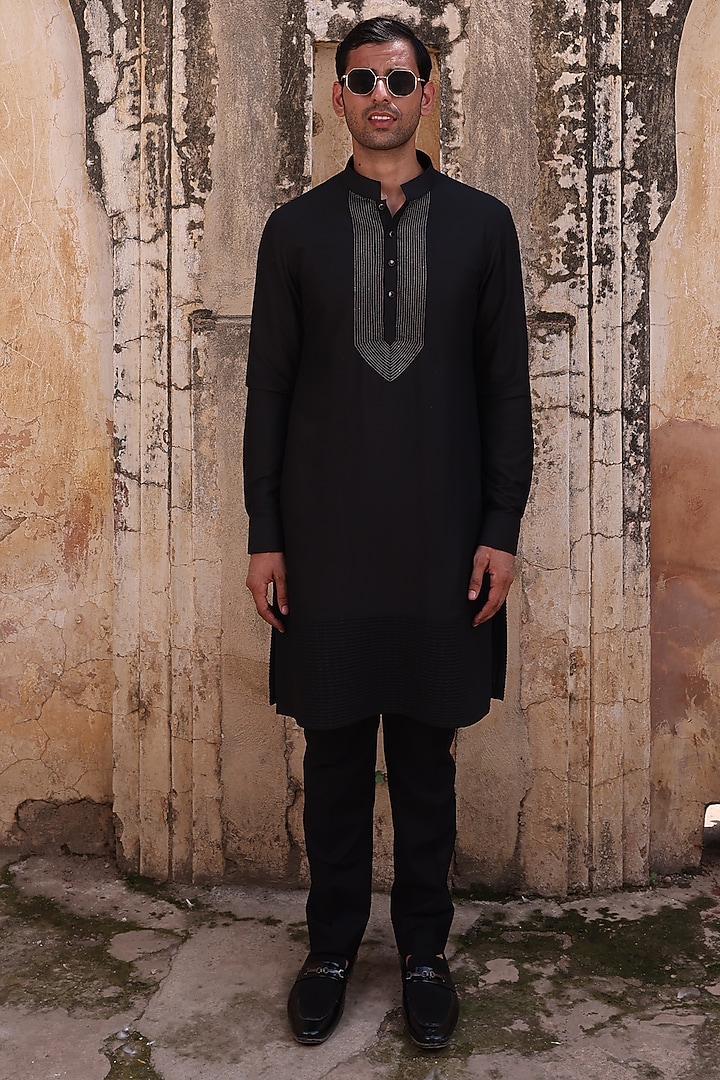 Black Katan Silk Kurta Set by Abkasa at Pernia's Pop Up Shop