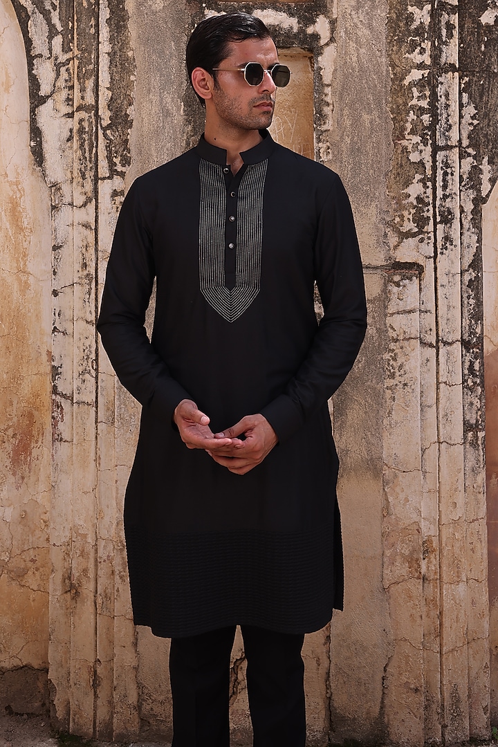 Black Katan Silk Kurta Set by Abkasa at Pernia's Pop Up Shop