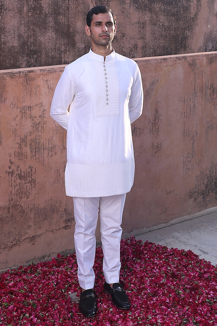 White Katan Silk Kurta Set by Abkasa