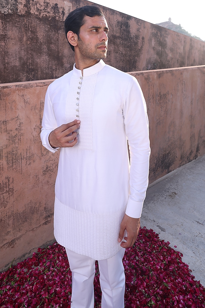 White Katan Silk Kurta Set by Abkasa at Pernia's Pop Up Shop