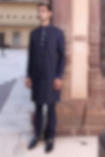 Navy Blue Katan Silk Kurta Set by Abkasa