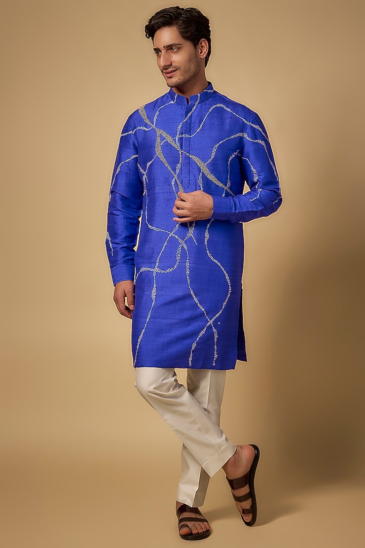 Blue Raw Silk Kurta Set by Abkasa at Pernia's Pop Up Shop