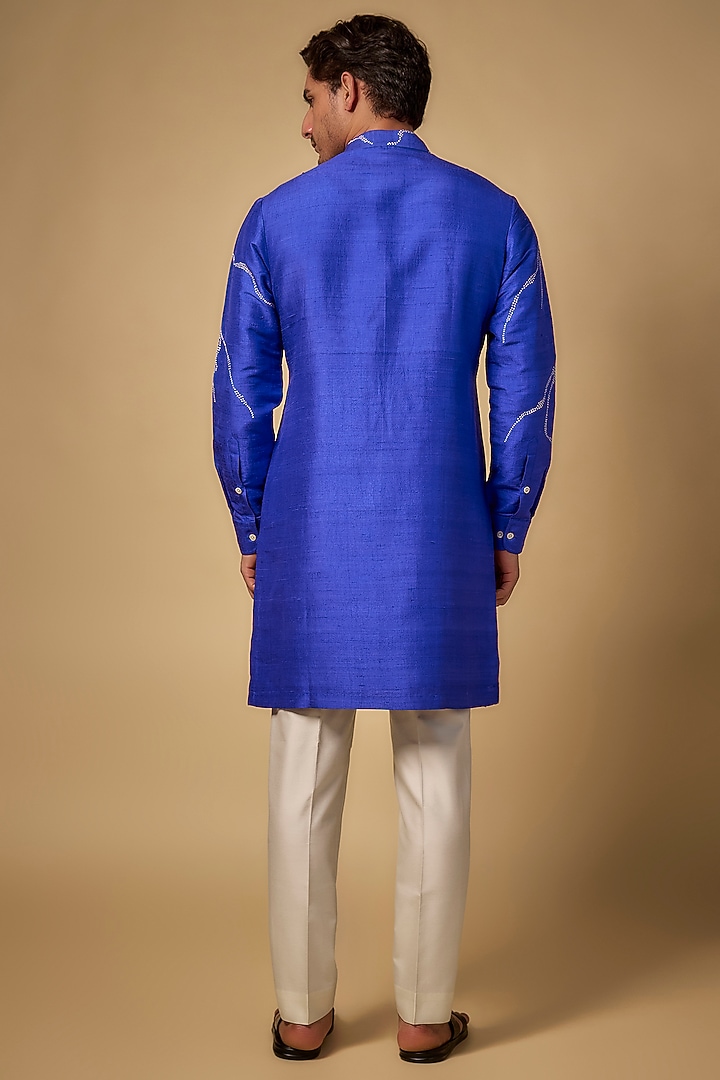 Blue Raw Silk Kurta Set by Abkasa at Pernia's Pop Up Shop