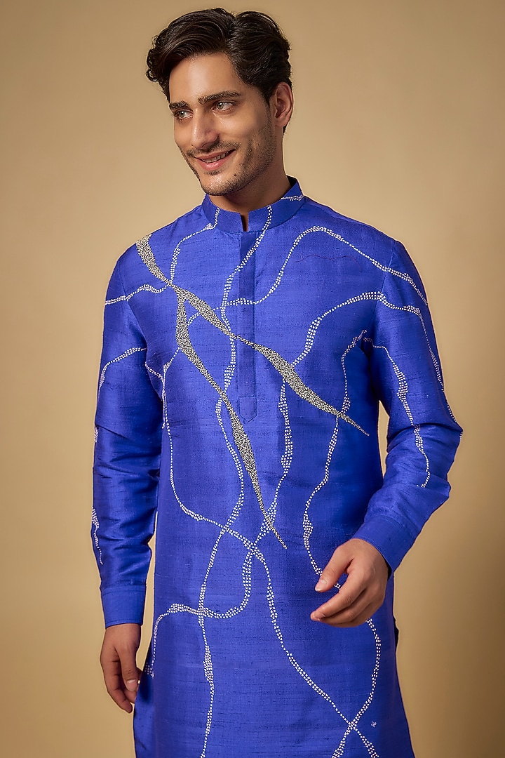 Blue Raw Silk Kurta Set by Abkasa at Pernia's Pop Up Shop