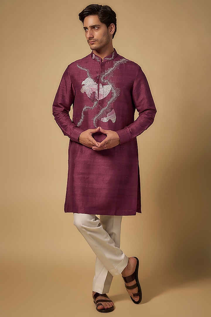 Wine Raw Silk Kurta Set by Abkasa at Pernia's Pop Up Shop