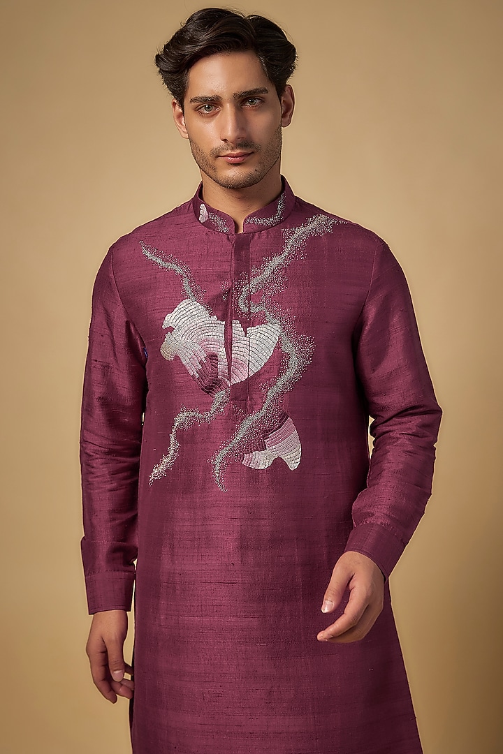 Wine Raw Silk Kurta Set by Abkasa at Pernia's Pop Up Shop