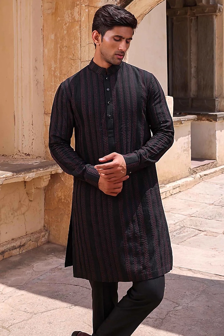 Black Silk Kurta Set by Abkasa at Pernia's Pop Up Shop