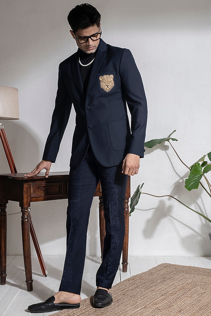 Navy Blue Terry Rayon Lion Motif Embroidered Jacket Set by Abkasa at Pernia's Pop Up Shop