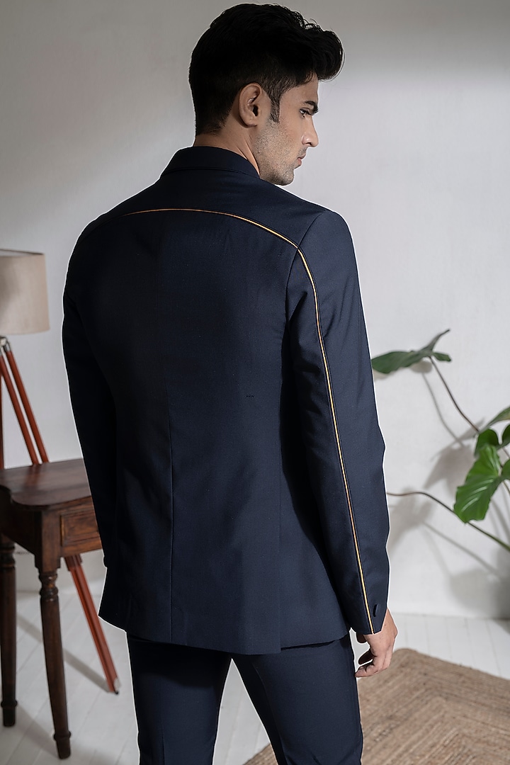 Navy Blue Terry Rayon Lion Motif Embroidered Jacket Set by Abkasa at Pernia's Pop Up Shop