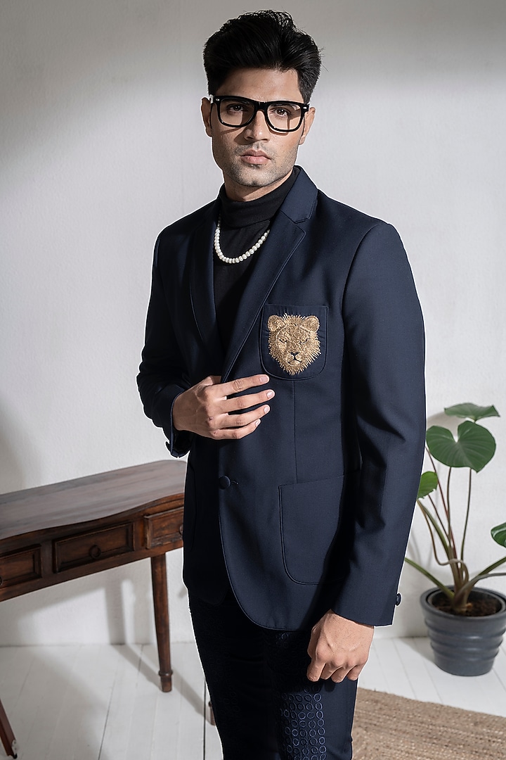 Navy Blue Terry Rayon Lion Motif Embroidered Jacket Set by Abkasa at Pernia's Pop Up Shop