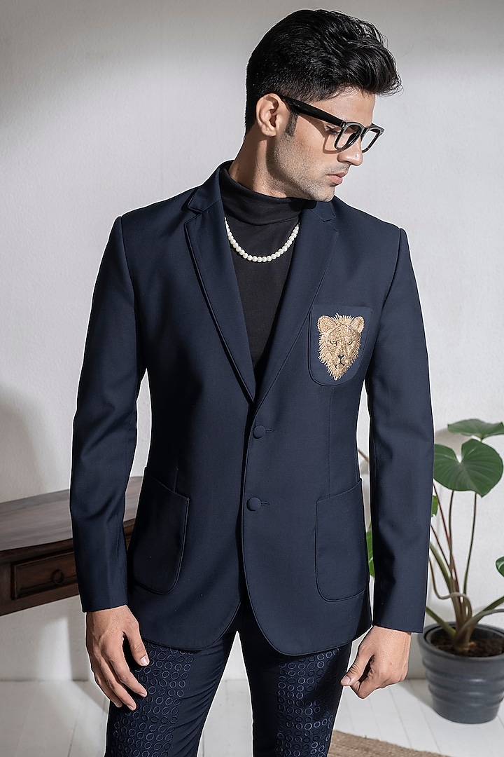 Navy Blue Terry Rayon Embroidered Suit Set by Abkasa